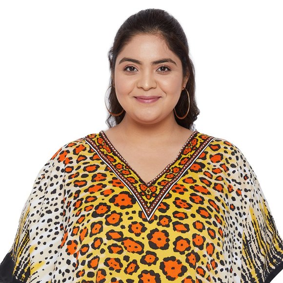 Gypsie Blu Leopard Print Yellow Caftan Maxi Dress with Kimono Sleeve Loungewear - Picture 6 of 8